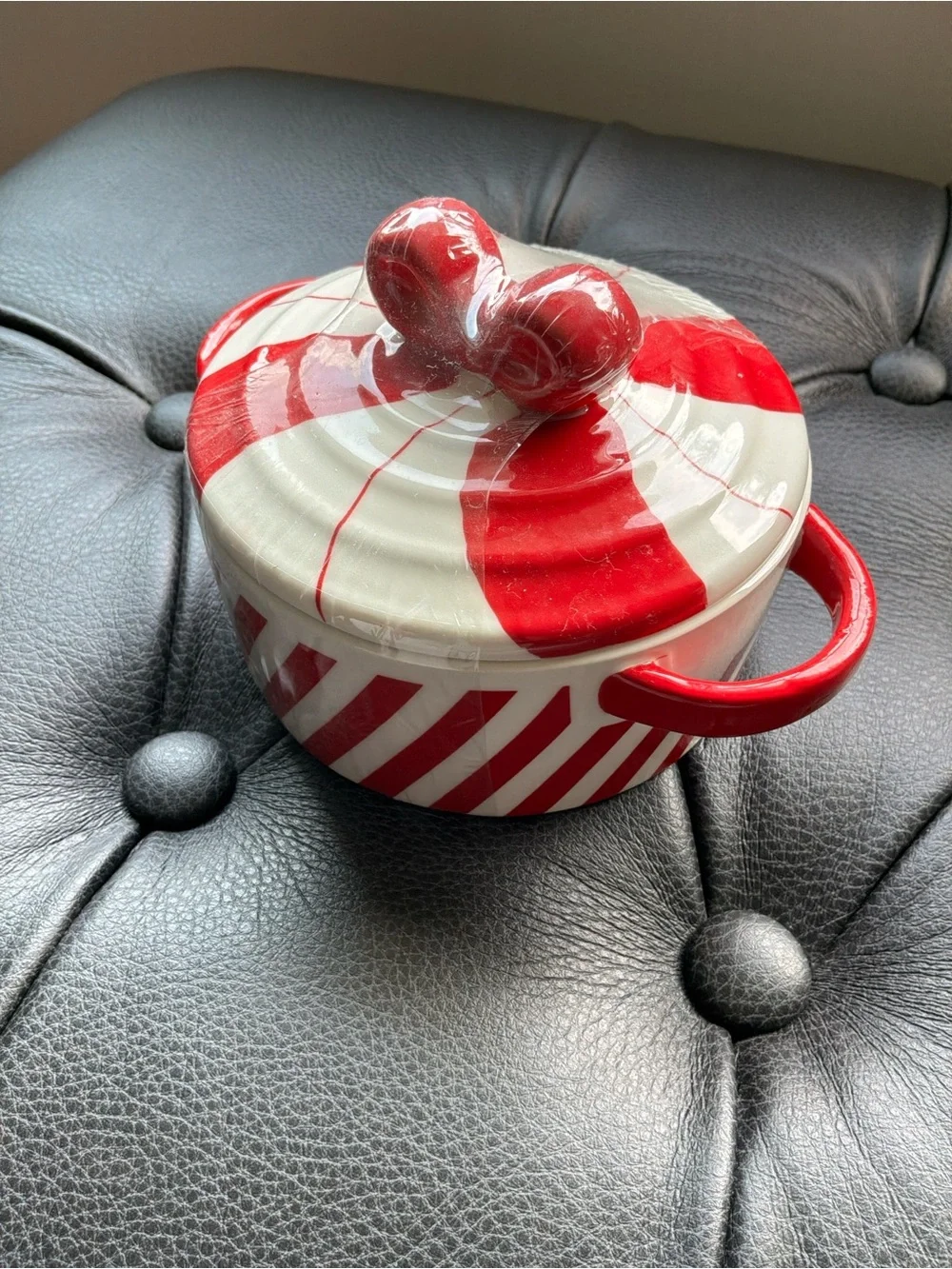 Red and White Ceramic Covered Mini Casserole with Dual Handles